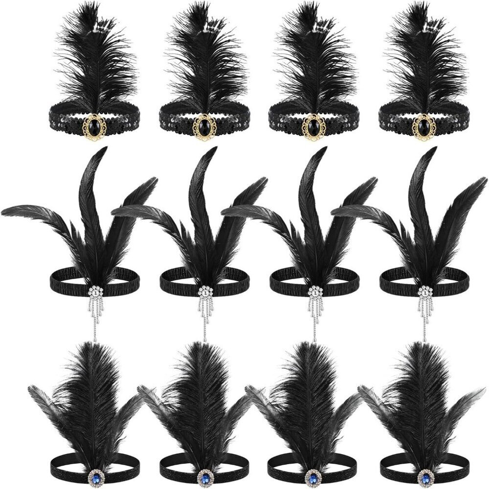 12 Pcs 1920s Flapper Headband Accessories Feather Beaded for Costume Party